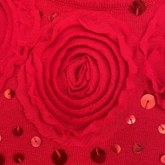 Ruby Road Red Rosette Sequin  Scoop Neck Sweater - Picture 3 of 9